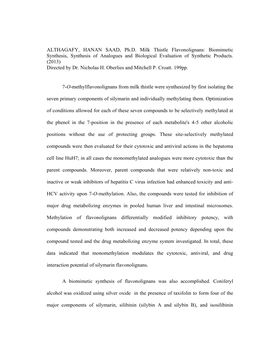 ALTHAGAFY, HANAN SAAD, Ph.D. Milk Thistle Flavonolignans: Biomimetic Synthesis, Synthesis of Analogues and Biological Evaluation of Synthetic Products