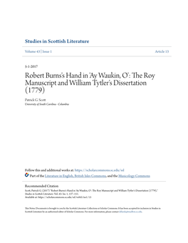 Ay Waukin, O': the Roy Manuscript and William Tytler's Dissertation (1779) Patrick G