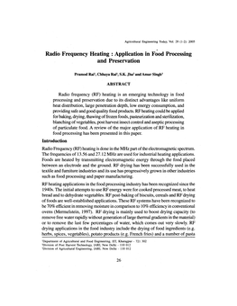 Radio Frequency Heating : Application in Food Processing and Preservation