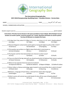 Championships Qualifying Exam – Canadian Division - Version Beta