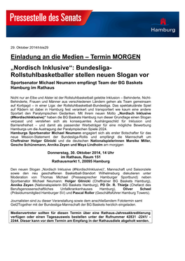 Bundesliga- Rollstuhlbasketballer Stellen Neuen Slogan Vor Sportsenator Michael Neumann Empfängt Team Der BG Baskets Hamburg Im Rathaus