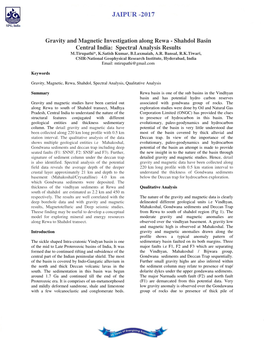 Gravity and Magnetic Investigation Along Rewa - Shahdol Basin Central India: Spectral Analysis Results M.Tirupathi*, K.Satish Kumar, B.Laxmaiah, A.R