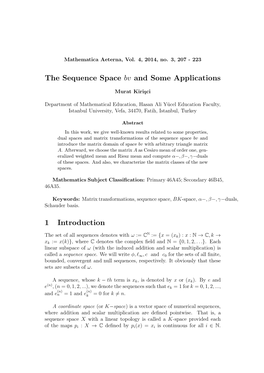 The Sequence Space Bv and Some Applications 1 Introduction