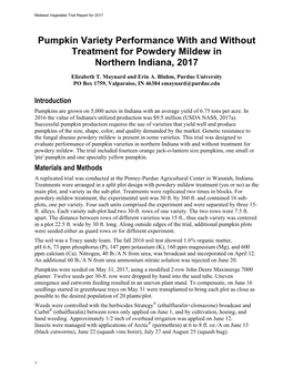 Pumpkin Variety Performance with and Without Treatment for Powdery Mildew in Northern Indiana, 2017