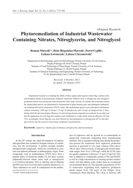 Phytoremediation of Industrial Wastewater Containing Nitrates, Nitroglycerin, and Nitroglycol