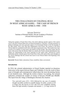 The Challenges of Colonial Rule in West African Sahel – the Case of French West Africa 1900 – 1930