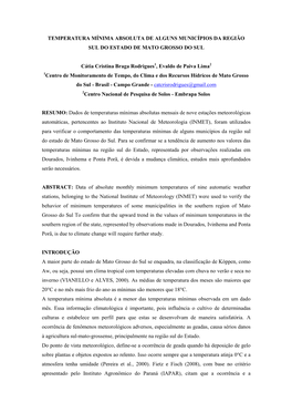 Temperatura Mínima Absoluta De Alguns Municípios Da Região Sul Do Estado De Mato Grosso Do Sul