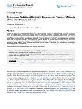 Demographic Factors and Religiosity Dimensions As Predictors of Islamic Ethical Work Behavior in Brunei