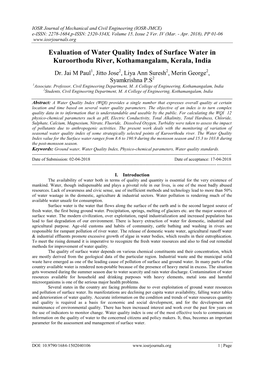 Evaluation of Water Quality Index of Surface Water in Kuroorthodu River, Kothamangalam, Kerala, India