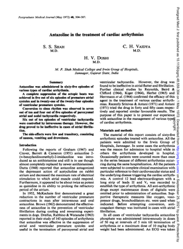 Antazoline in the Treatment of Cardiac Arrhythmias S. S. SHAH C. H