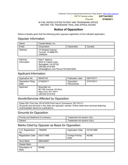 Notice of Opposition Opposer Information Applicant Information