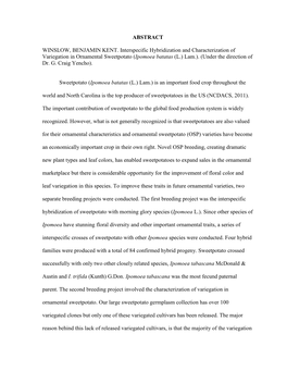 ABSTRACT WINSLOW, BENJAMIN KENT. Interspecific Hybridization and Characterization of Variegation in Ornamental Sweetpotato