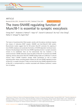 The Trans-SNARE-Regulating Function of Munc18-1 Is Essential to Synaptic Exocytosis