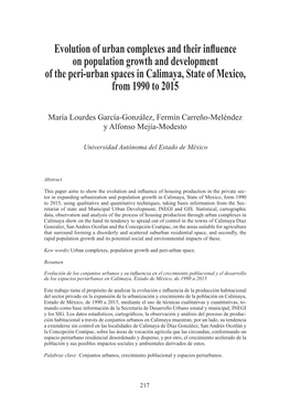 Evolution of Urban Complexes and Their Influence on Population Growth and Development of the Peri-Urban Spaces in Calimaya, State of Mexico, from 1990 to 2015