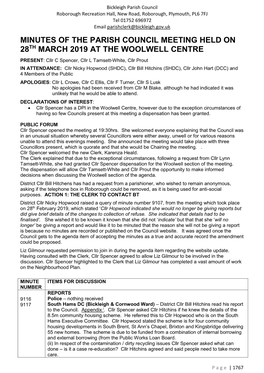 MINUTES of the PARISH COUNCIL MEETING HELD on 28TH MARCH 2019 at the WOOLWELL CENTRE PRESENT: Cllr C Spencer, Cllr L Tamsett-White, Cllr Prout