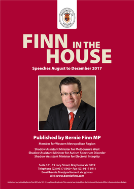 FINN in the HOUSE Speeches August to December 2017
