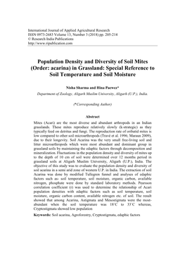 Population Density and Diversity of Soil Mites (Order: Acarina) in Grassland…