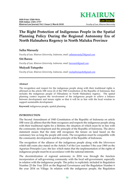 The Right Protection of Indigenous People in the Spatial Planning Policy During the Regional Autonomy Era of North Halmahera Regency in North Maluku Province