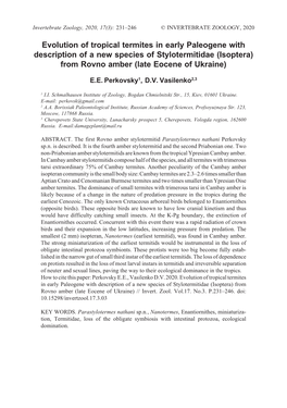 Evolution of Tropical Termites in Early Paleogene with Description of a New Species of Stylotermitidae (Isoptera) from Rovno Amber (Late Eocene of Ukraine)