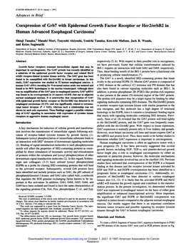 Coexpression of Grb7 with Epidermal Growth Factor Receptor Or Her2/Erbb2 in Human Advanced Esophageal Carcinoma1