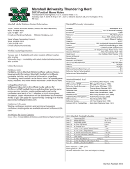 Marshall University Thundering Herd 2013 Football Game Notes the Marshall Thundering Herd (1-0) Vs