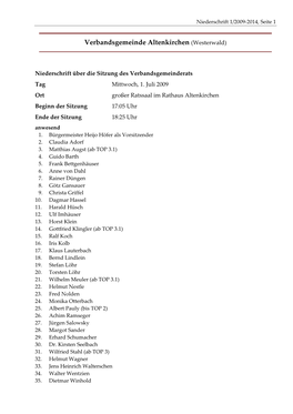 Niederschrift Über Die Sitzung Des Verbandsgemeinderats Tag Mittwoch, 1