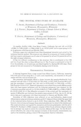 THE CRYSTAL STRUCTURE of AUGELITE An.Trr, Deportment of Geology Ond Geophys'ics, Uni,Aersity O1 Minnesota, Minneapolis, Minmesot