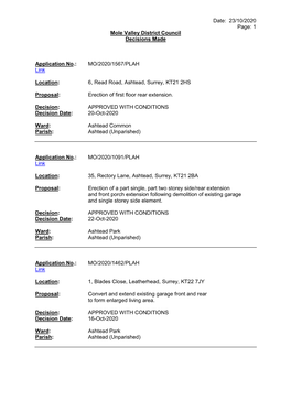 Date: 23/10/2020 Page: 1 Mole Valley District Council Decisions Made Application No.: MO/2020/1567/PLAH Link Location: 6, Read