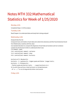 Notes MTH 332:Mathematical Statistics for Week of 1/25/2020