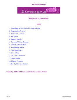 Karnataka Bank Ltd KBL-Smartz User Manual Index