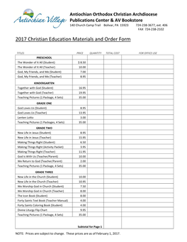 2017 Christian Education Materials and Order Form