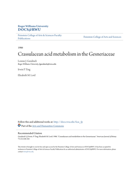 Crassulacean Acid Metabolism in the Gesneriaceae Lonnie J