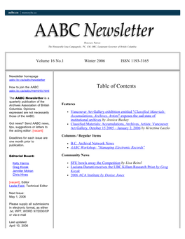AABC Newsletter Is a Quarterly Publication of the Archives Association of British Features Columbia