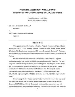Property Assessment Appeal Board Findings of Fact, Conclusions of Law, and Order