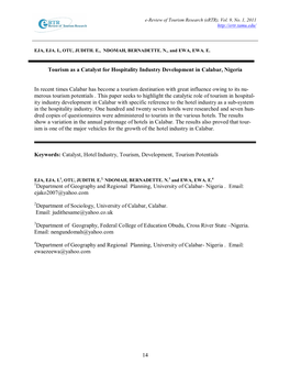14 Tourism As a Catalyst for Hospitality Industry Development in Calabar, Nigeria in Recent Times Calabar Has Become a Tourism