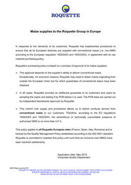 Maize Supplies to the Roquette Group in Europe