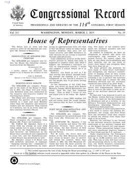 Congressional Record United States Th of America PROCEEDINGS and DEBATES of the 114 CONGRESS, FIRST SESSION