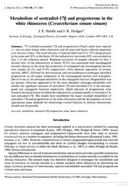 Metabolism of Oestradiol-17\G=B\And Progesterone in the White Rhinoceros (Ceratotherium Simum Simum) J