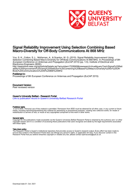 Signal Reliability Improvement Using Selection Combining Based Macro-Diversity for Off-Body Communications at 868 Mhz