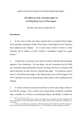 The Influence of the Australian Judges on the Hong Kong Court of Final Appeal