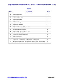 Explanation of Vbscript for Use in HP Quicktest Professional (QTP) Index