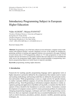 Introductory Programming Subject in European Higher Education