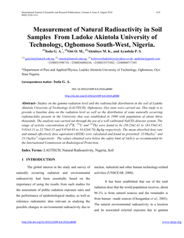 Measurement of Natural Radioactivity in Soil Samples from Ladoke Akintola University of Technology, Ogbomoso South-West, Nigeria