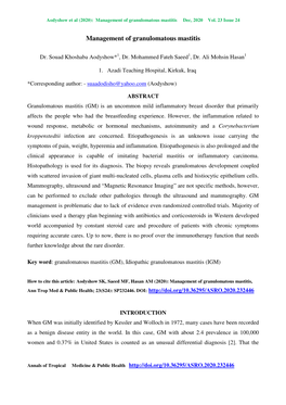 Management of Granulomatous Mastitis Dec, 2020 Vol