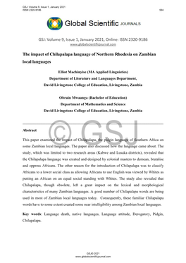 ISSN 2320-9186 the Impact of Chilapalapa Language of Northern