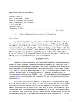 Delivered by Email and Certified Mail Hamilton P. Fox, III Office of Disciplinary Counsel Board on Professional Responsibility D