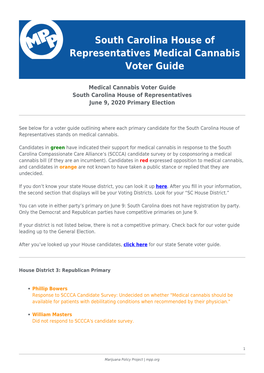 South Carolina House of Representatives Medical Cannabis Voter Guide