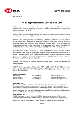 HSBC Appoints Hitendra Dave As India CEO