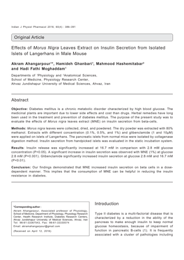 Original Article Effects of Morus Nigra Leaves Extract on Insulin Secretion from Isolated Islets of Langerhans in Male Mouse