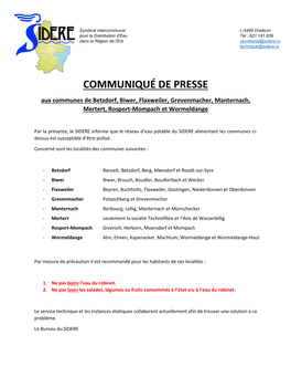 COMMUNIQUÉ DE PRESSE Aux Communes De Betzdorf, Biwer, Flaxweiler, Grevenmacher, Manternach, Mertert, Rosport-Mompach Et Wormeldange